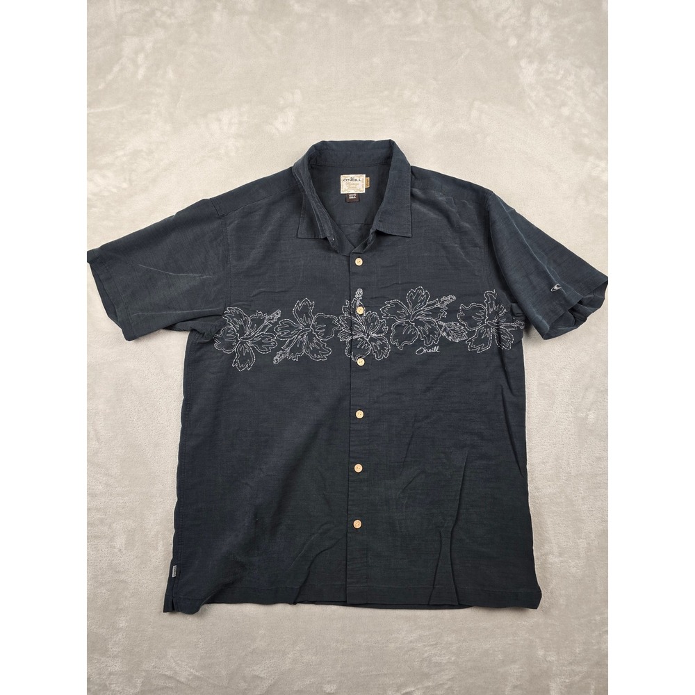 O'Neill Hawaiian Shirt Mens Large Black Heritage Series‎ Hibiscus Aloha Surf
